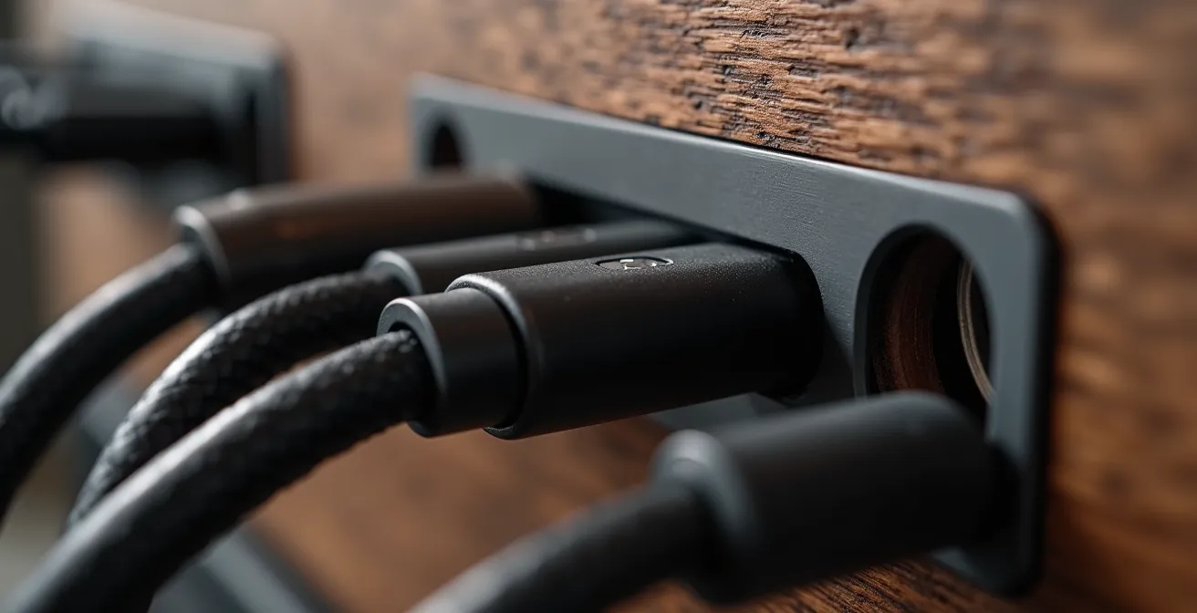 Détail macro d'un système de gestion de câbles intégré dans un meuble TV