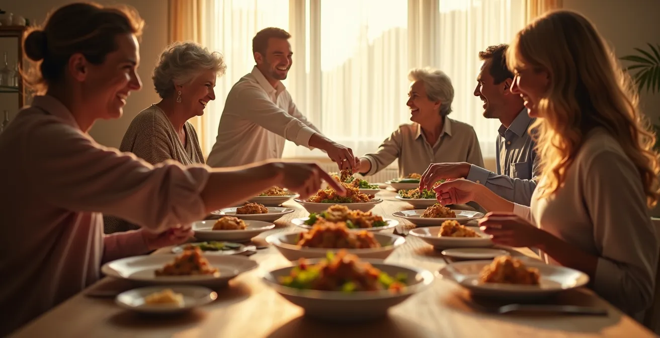 Famille réunie autour d'une table extensible déployée