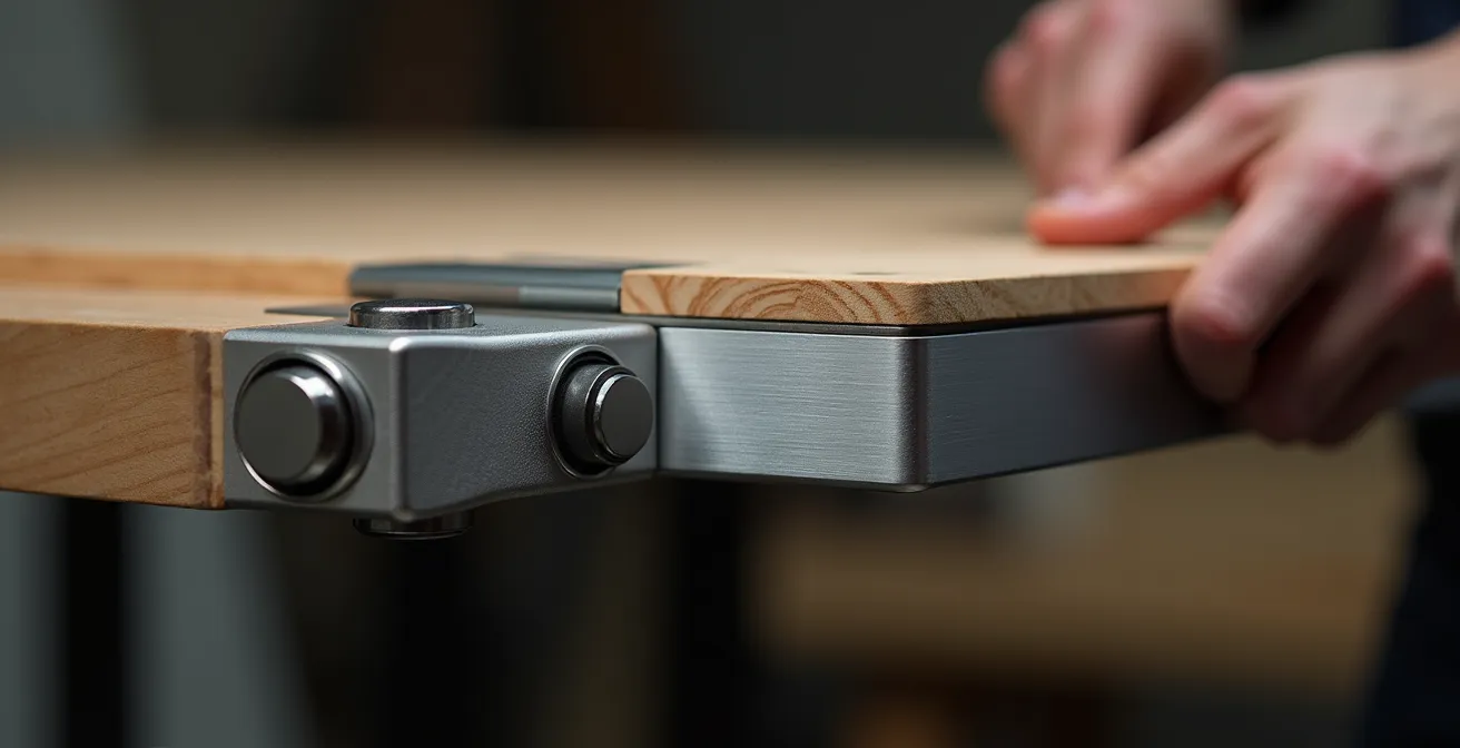 Détail du mécanisme d'extension d'une table en gros plan