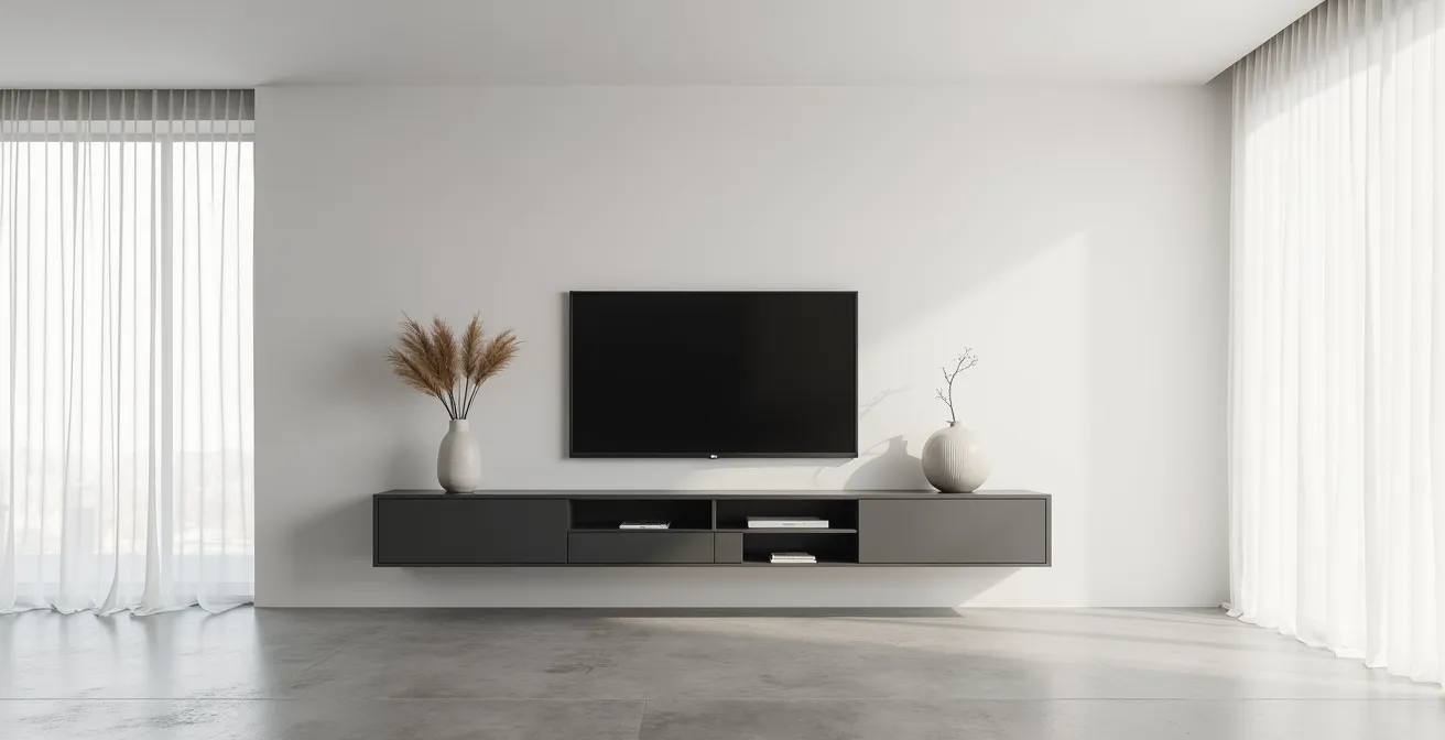 Meuble TV suspendu minimaliste dans un salon épuré