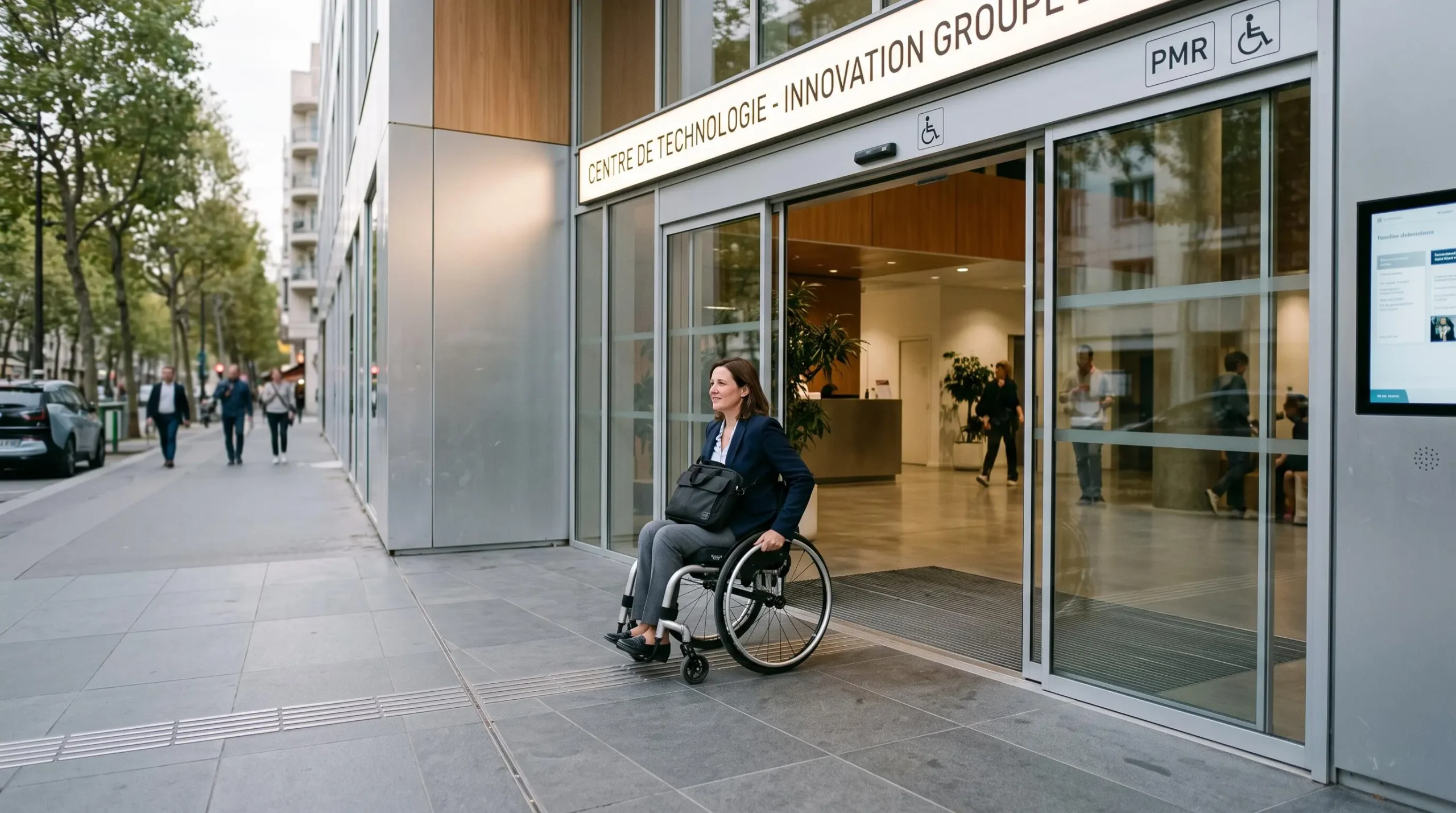 Personne en fauteuil roulant franchissant l'entrée accessible d'un bâtiment professionnel par une large porte automatique de plain-pied
