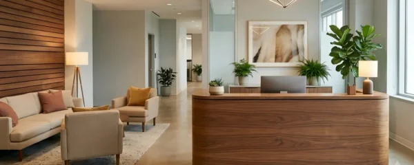 Espace d'accueil professionnel moderne avec mobilier design où une réceptionniste accueille des visiteurs dans un hall lumineux