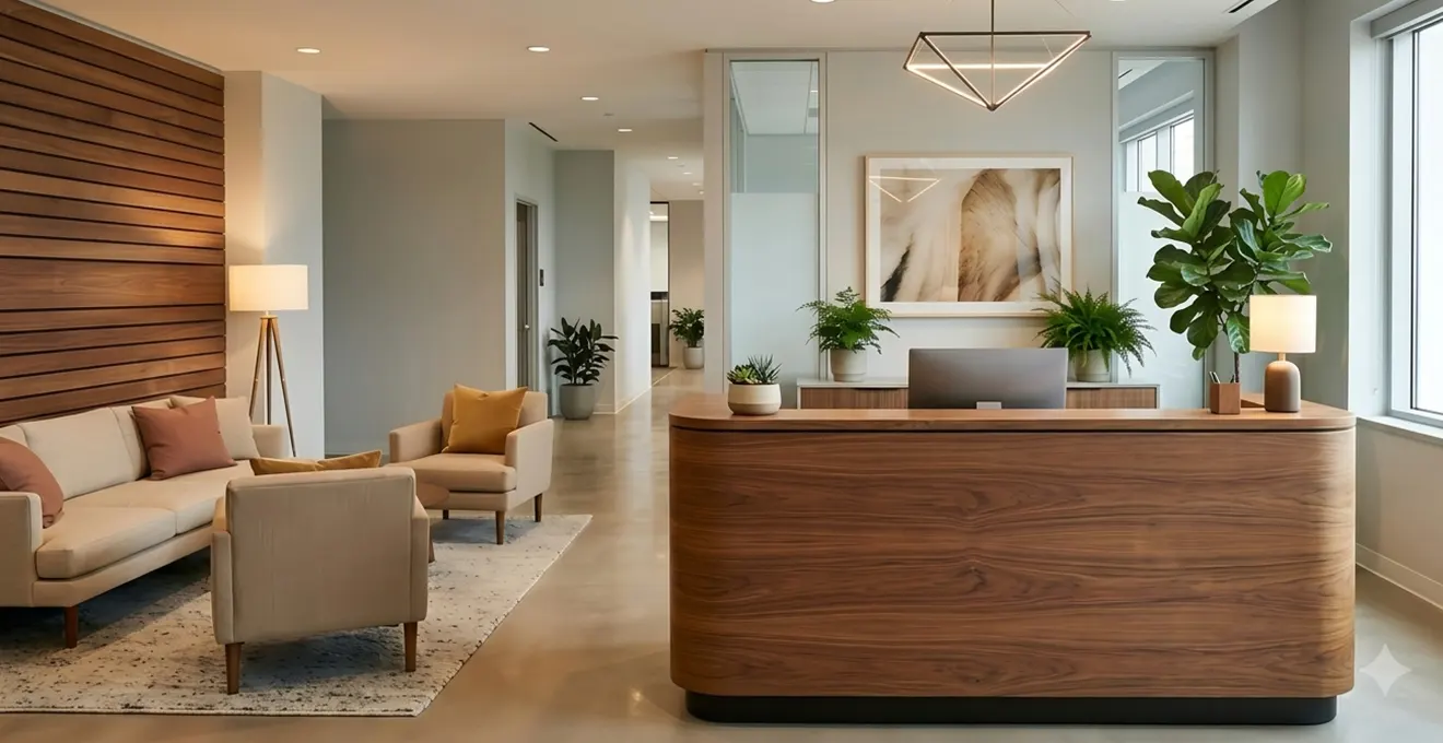 Espace d'accueil professionnel moderne avec mobilier design où une réceptionniste accueille des visiteurs dans un hall lumineux