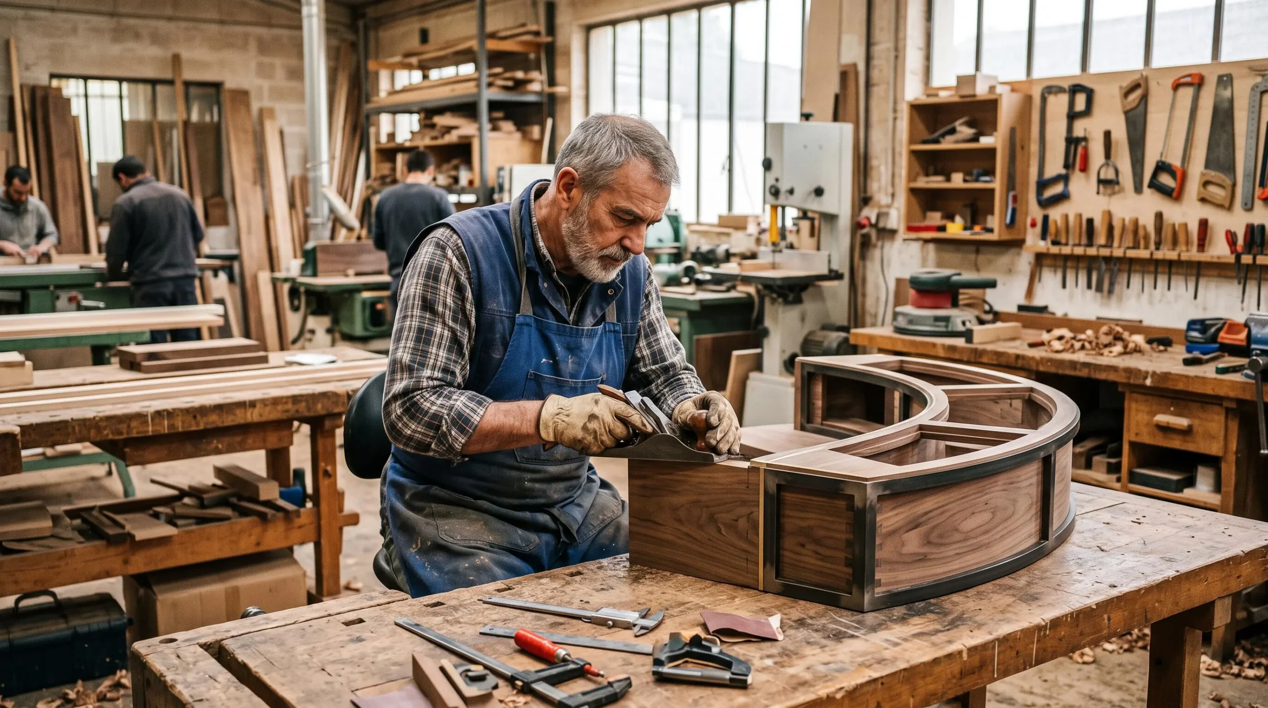 Artisan travaillant sur un élément de comptoir d'accueil sur-mesure dans un atelier de fabrication de mobilier professionnel